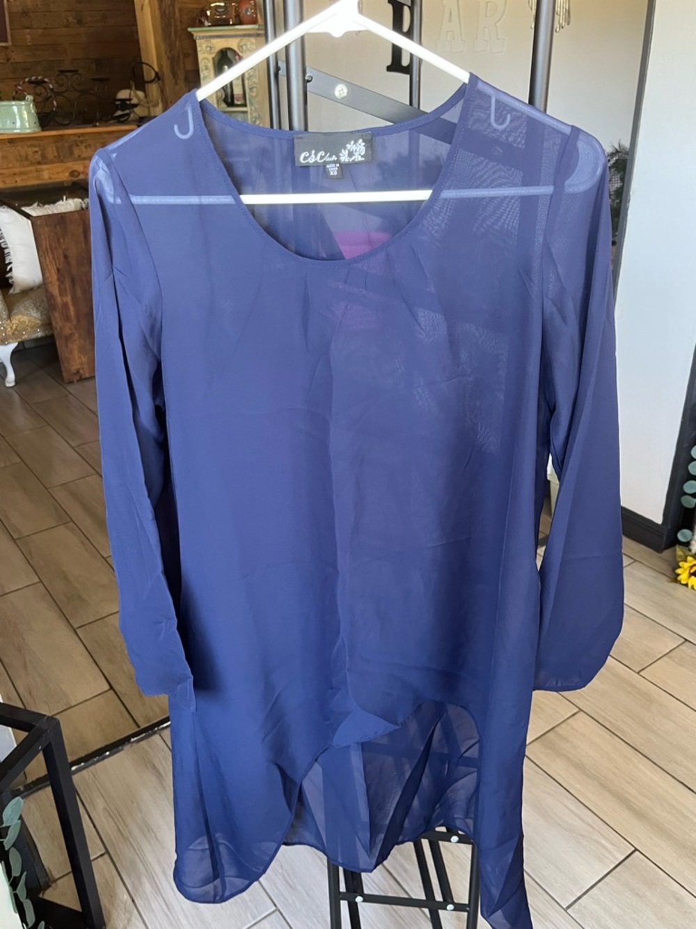 Navy Sheer Long-Sleeve Tunic Dress